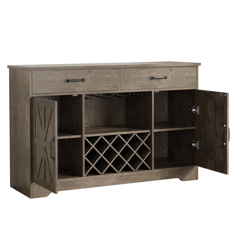 Meyreso 55" Oak Farmhouse Coffee Bar Cabinet with Hutch and Wine Storage