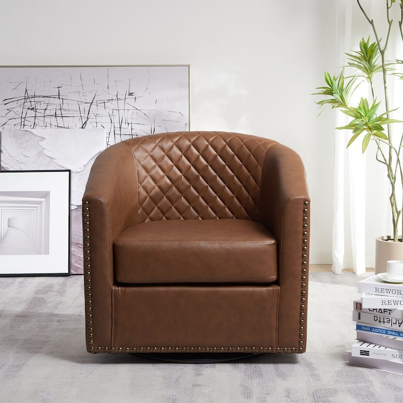 KINWELL 29" Wide Tufted PU Leather Swivel Barrel Chair
