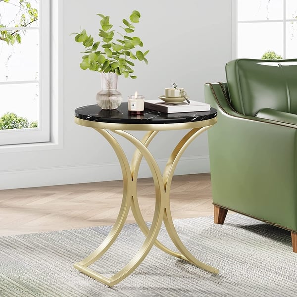 Topcobe Glass Top Circle Center Table, Modern Round Coffee Table With Cross Legs For Living Room, White Golden