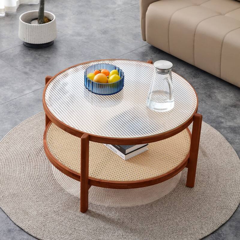 Modern Minimalist Glass Circular Double-layer Solid Wood Coffee Table