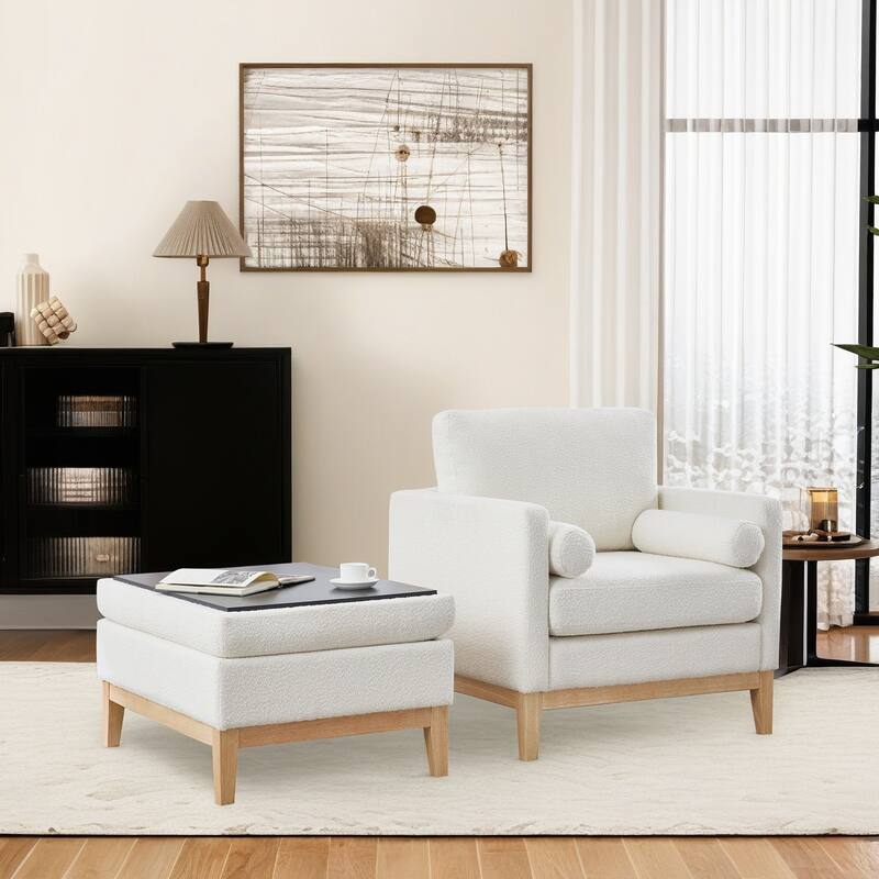 35" Farmhouse Style Boucle Single Sofa Accent Chair with Storage Footstool, Natural Wood Legs for Living Room, Office