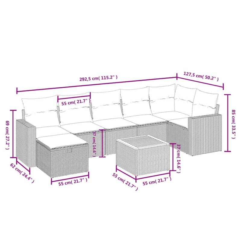 vidaXL Patio Sofa Set with Cushions Outdoor Furniture 8 Piece Poly Rattan - 24.4" x 24.4" x 27.2"