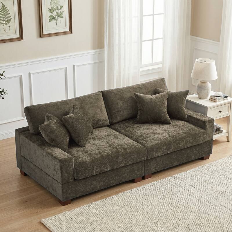 2 Set Chenille Upholstered Modular Sectional Sofa Chaise with Pillows