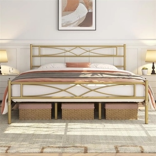King Bed Frame Platform with Curved Design Headboard Antique Gold - Bed Bath & Beyond - 40874750
