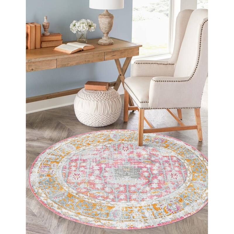 Transitional Laka Collection Area Rug - Pink - 3'3" Round