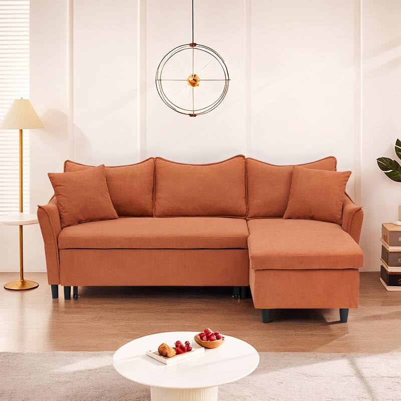 80-inch Gray Corduroy L-Shape Convertible Sofa Bed, Storage, 2 Pillows - Orange