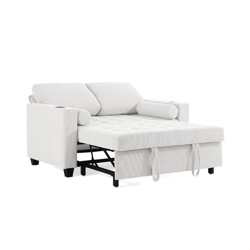 2 Set Corduroy Convertible Sleeper Sofa Bed Loveseats with Cup Holder, USB Ports & Storage