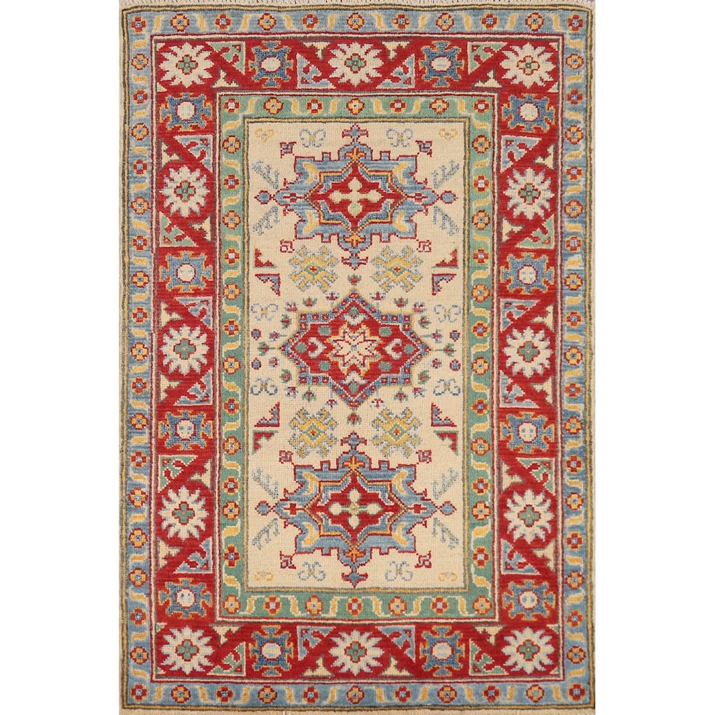 Geometric Kazak Foyer Rug Hand-Knotted Beige Wool Carpet - 2'9"x 3'11"