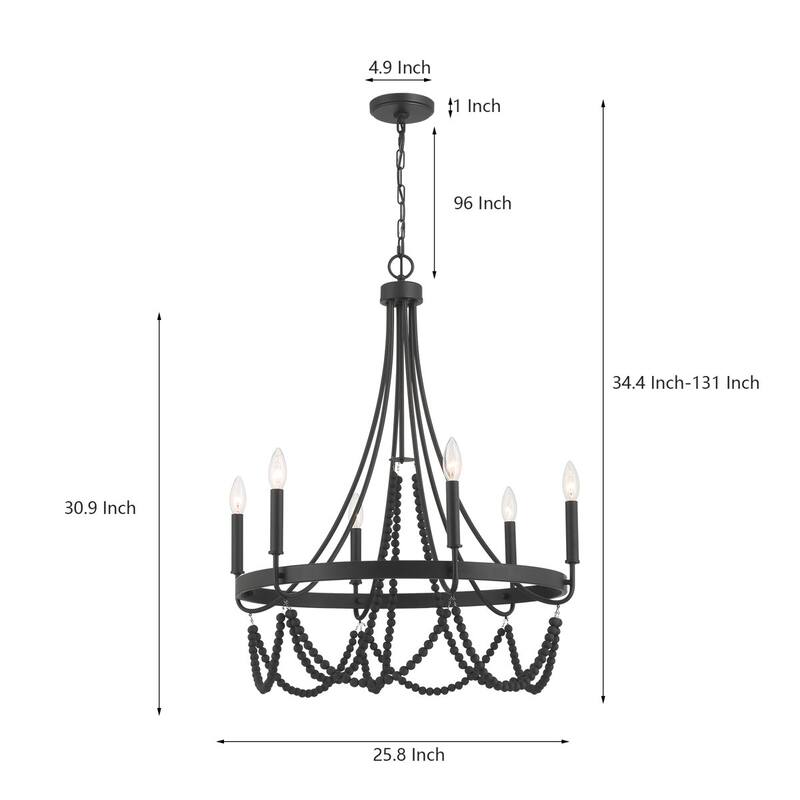 Acroma 6 - Light Steel Dimmable Candle Style Wagon Wheel Chandelier, Bead Chandelier