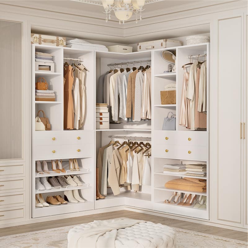 Set of 2/ 3 Coner Closet System with Shoe Racks and Drawers, Freestanding Closet Organizer with Hanging Rods and Shelves
