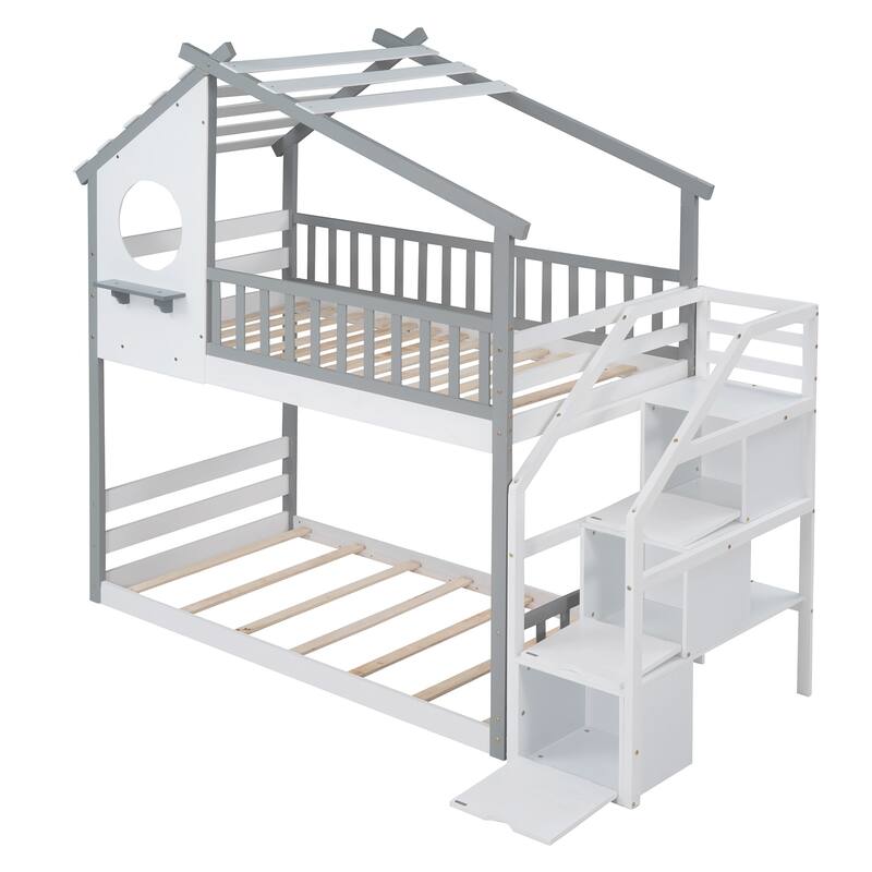 Stairway Twin-Over-Twin Bunk Bed, House Bed with Storage and Guard Rail, Natural Finish