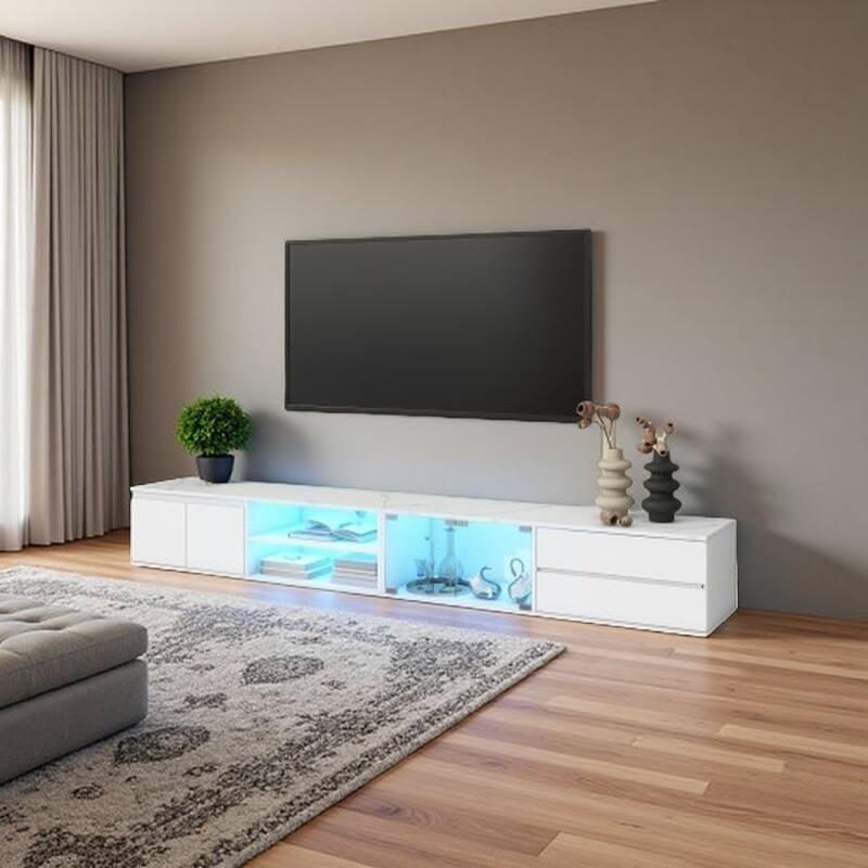TV Stand for TVs up to 105", Modern Faux Marble Media Console with LED Lights, Tempered Glass Doors, 2 Drawers, Cabinets - White