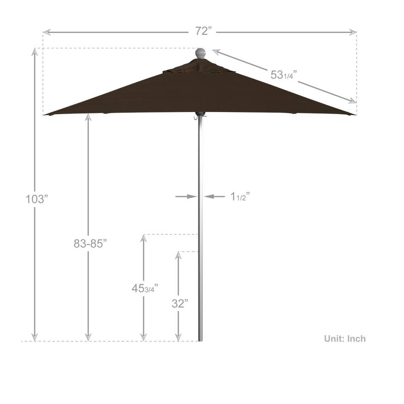 California Umbrella 6' Sq. Aluminum Frame, Fiberglass Rib Patio Umbrella, Push Open, Anodized Sliver Finish, Sunbrella Fabric