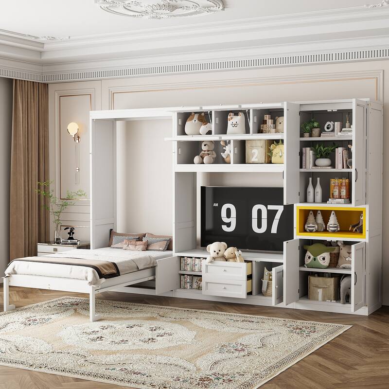 Roomfitters Twin Size Wall Murphy Bed with TV Stand, Cabinets & Shelving Storage - White