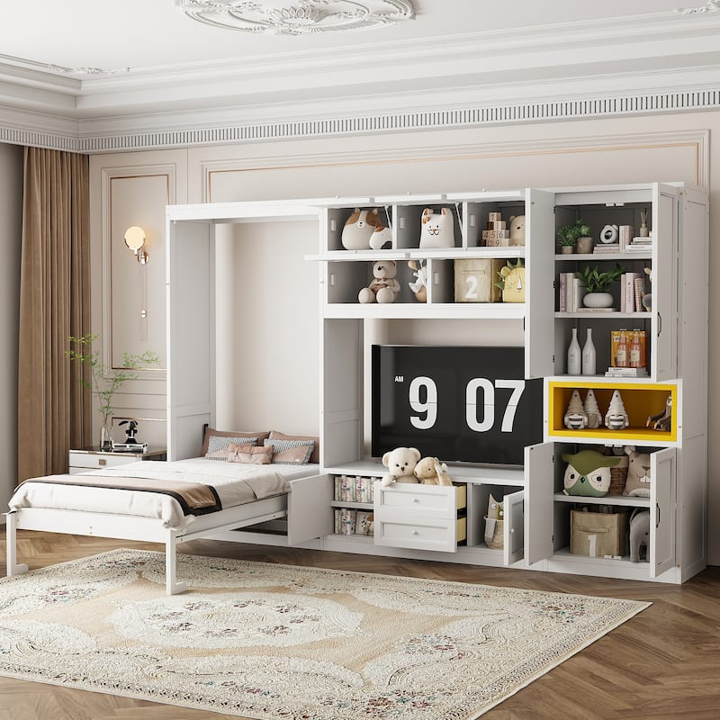 Space Saving Twin Murphy Bed, Wall Bed Unit with TV Console, Drawers and Storage Cabinets - White