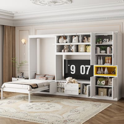 Space Saving Twin Murphy Bed, Wall Bed Unit with TV Console, Drawers and Storage Cabinets
