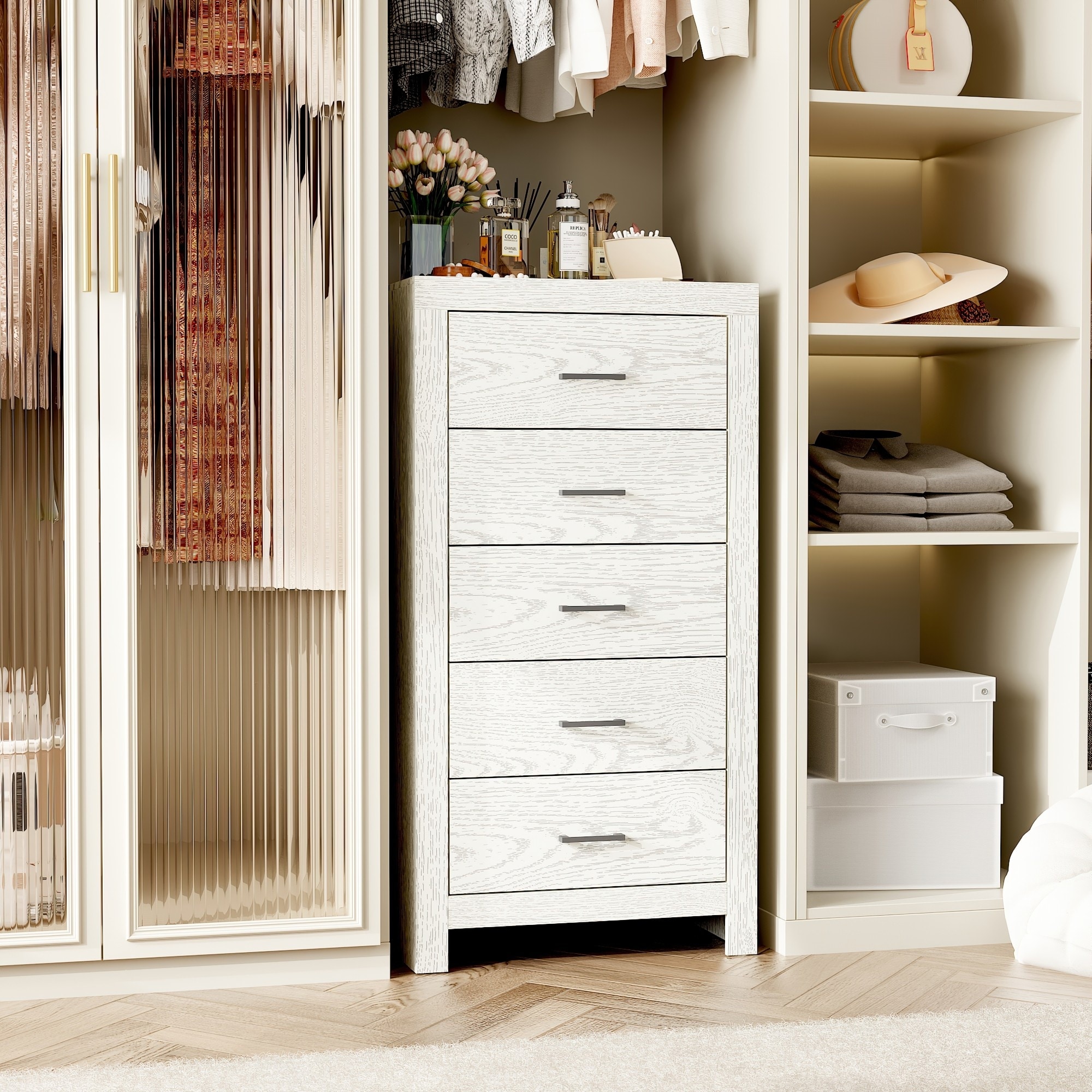 Stylish Tall Wooden Dresser - Space-Saving 5-Drawer Organizer for Bedroom & Living Room