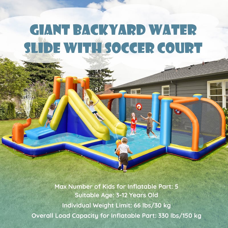 Gymax Giant Soccer-Themed Inflatable Water Slide Bouncer Splash Pool