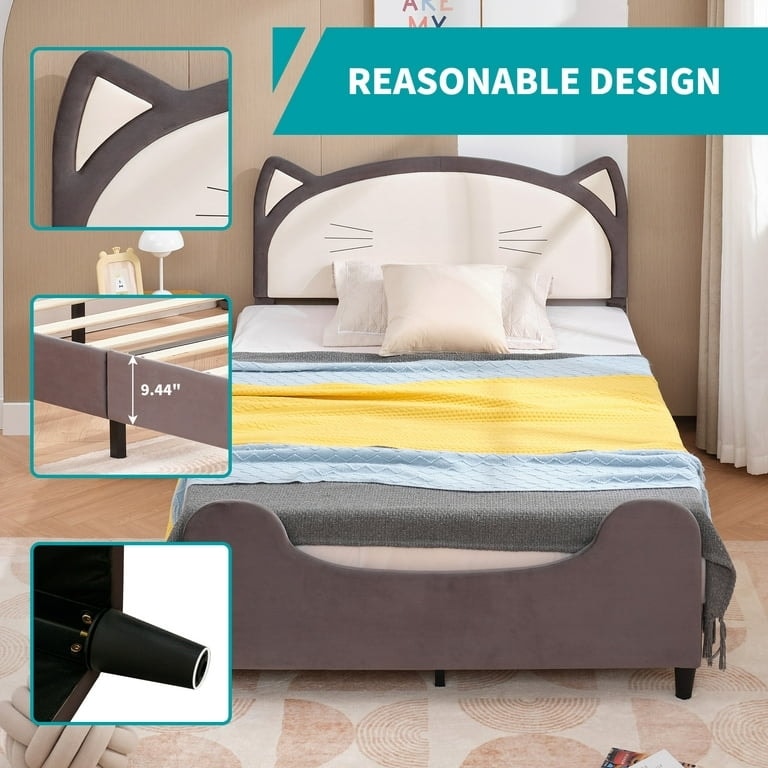 Mixoy Children Platform Bed Kids Bed Frame with Cat Shaped