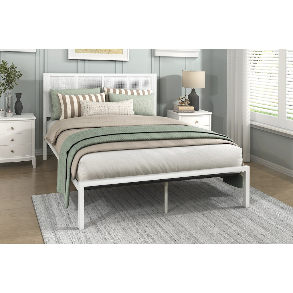White Metal Platform Bed with Faux Cane Headboard, Eastern King Size, No Box Spring Needed