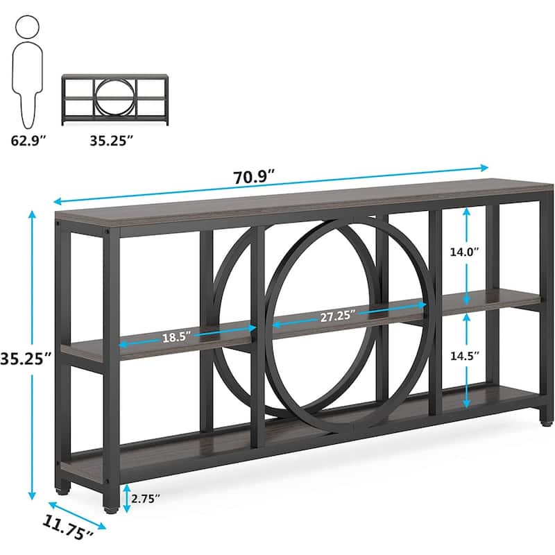 Extra Long Console Table, 70.9 inch Narrow Sofa Tables with 3 Tier Wood Storage Shelves, Rustic Brown Black - 11.75" * 70.9"