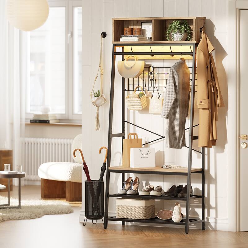 5 in 1 Hall Tree with Cabinet Coat Rack with 3-Tier Shoes Organizer - 70 inches