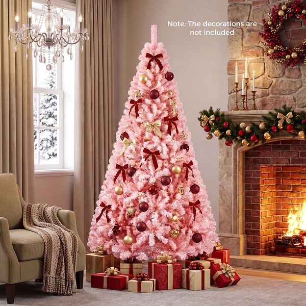 Gymax 6ft/ 7ft Pink Classic Pine Christmas Tree Artificial Hinged