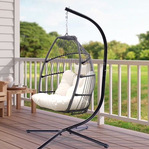 Outdoor Patio Wicker Folding Hanging Chair With Cushion And Pillow