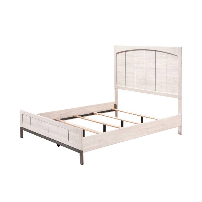 Contemporary Queen Panel Bed with Beige White Finish and Low Profile Footboard