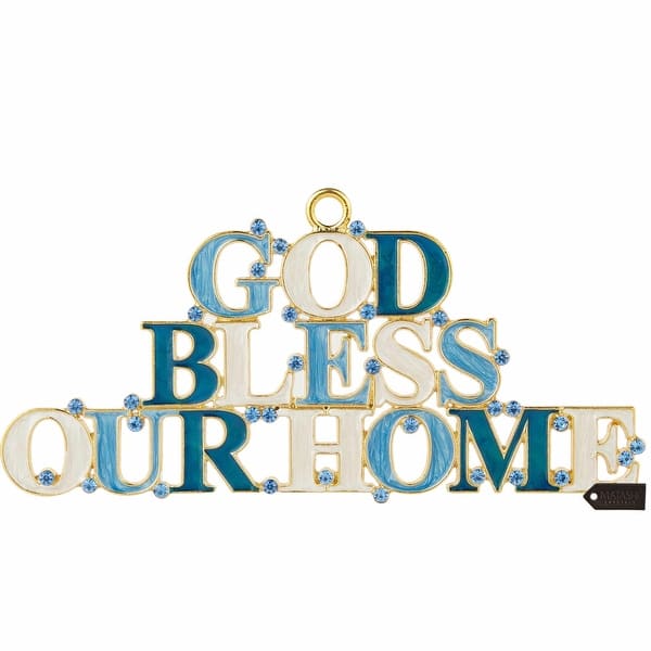 slide 1 of 7, Matashi 7.5'' Blue and Ivory Hanging Wall Ornament with Matashi Crystals (Pewter), God Bless Our Home Welcome Wall Art Sign