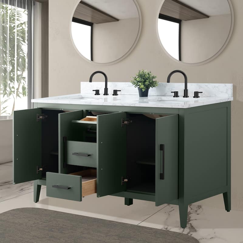 Vanity Art 60" Double Sink Bathroom Vanity Cabinet with Engineered Marble Top