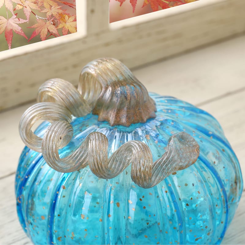 Glitzhome Fall Hand Blown Blue Glass Pumpkin Thanksgiving Table Decor