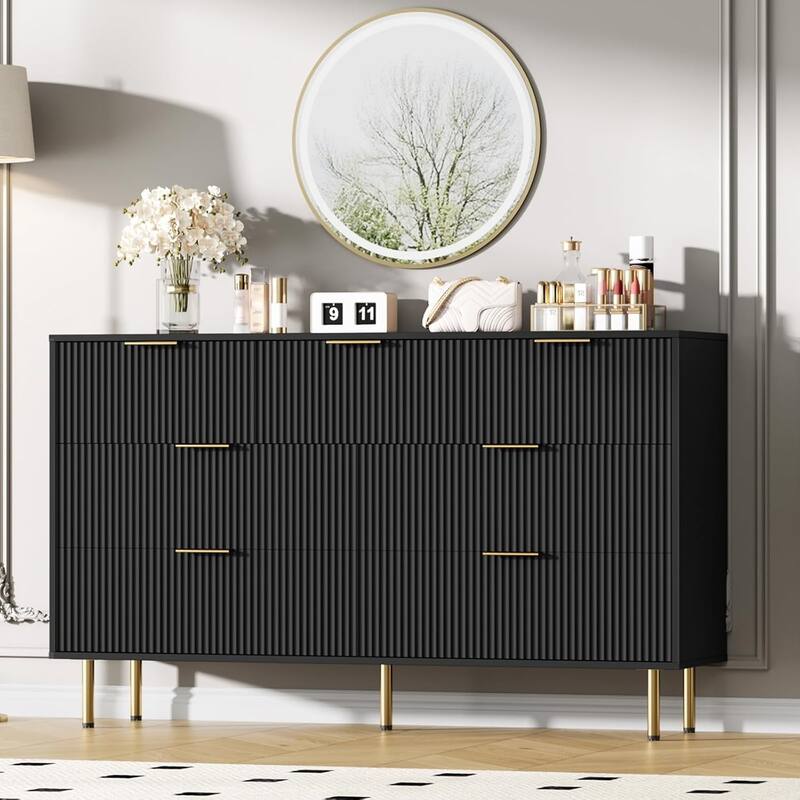 7 Drawer Dresser for Bedroom, Fluted Chest with Gold Handle, Wood Organizer for Closet, Living Room, Hallway - Black