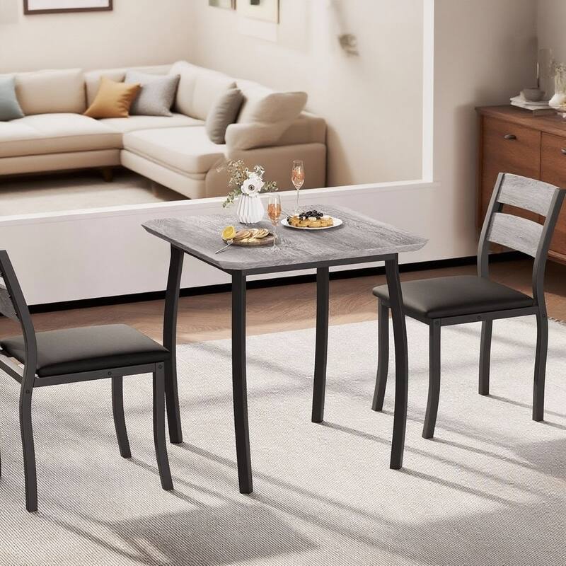 3 Piece Dining Table Set, with Metal Frame & Wood Tabletop - Grey
