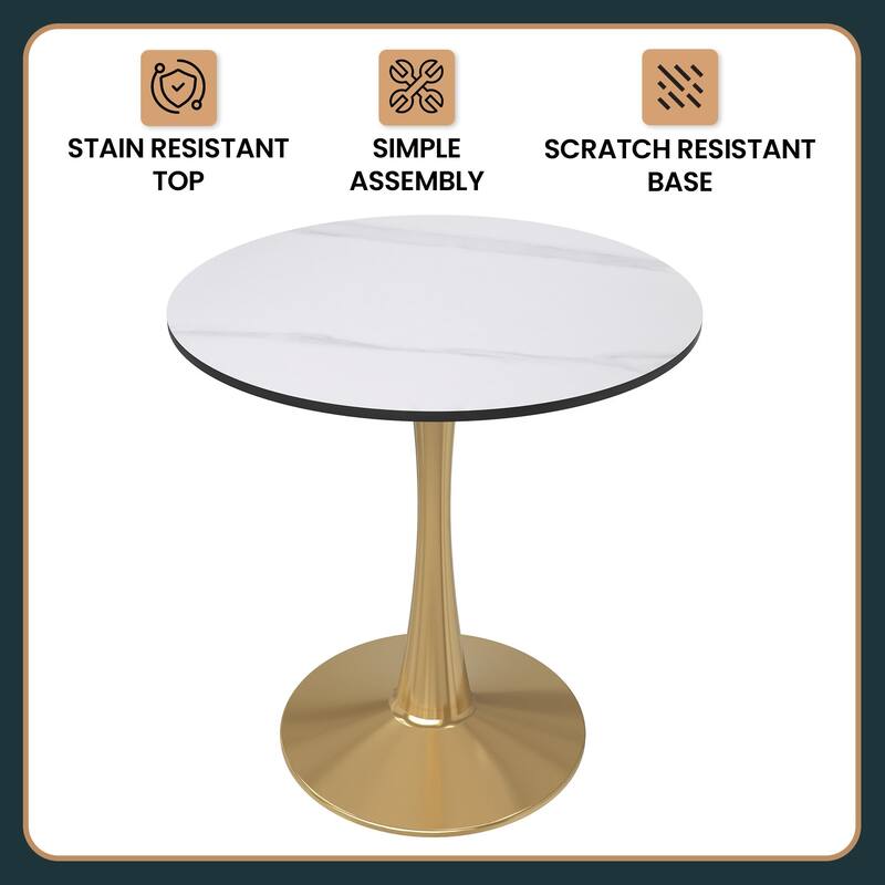 Bristol 27" Round Dining Table Sintered Stone Top & Gold Finish Stainless Steel Pedestal Base for Kitchen and Dining Room