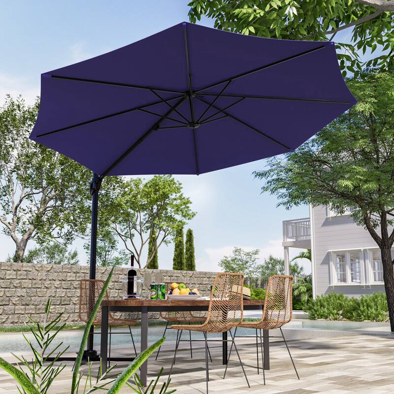 LIVOOSUN 10FT Round Cantilever Umbrella Patio Offset Umbrella For Outdoor Space, Solution-Dyed Fabric, 360° Rotation System - Navy Blue