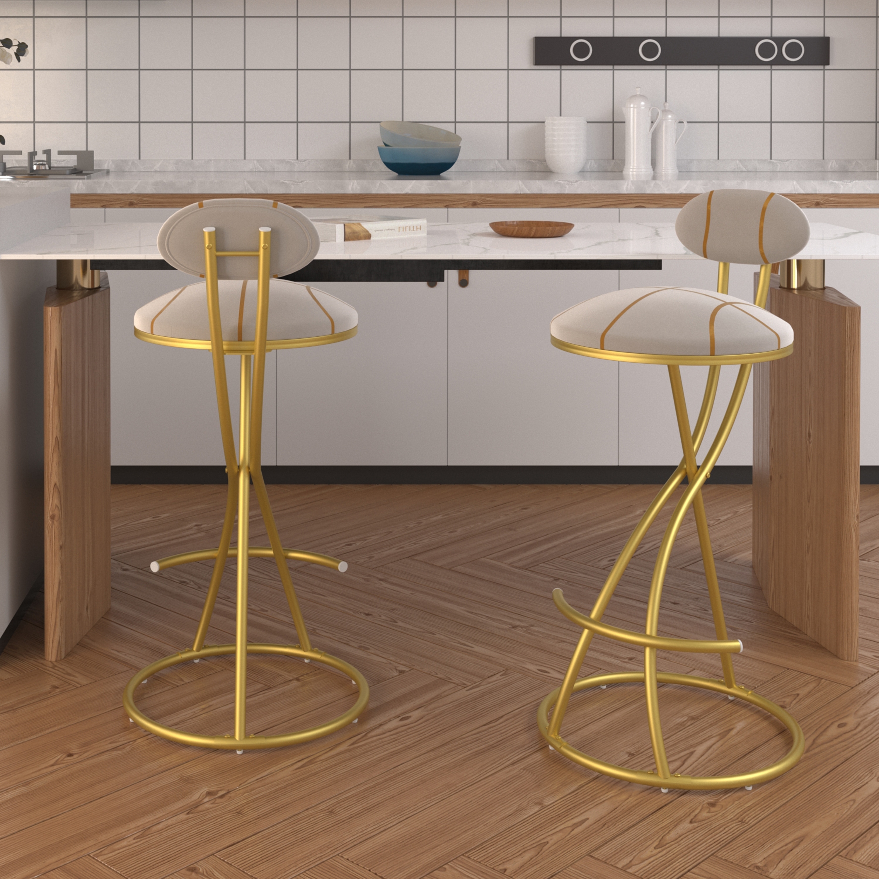 Round Bar Stools S-shaped Stripe Kitchen Stool Set of 2 Modern Velvet Upholstered Counter Chair for Dining Room (Gold & Stripe)
