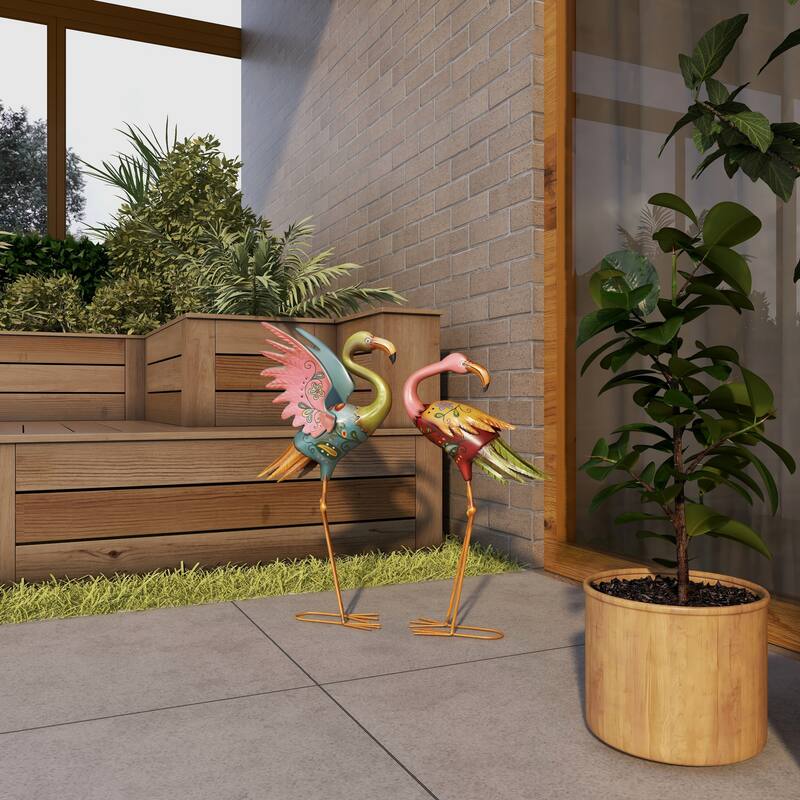 Multi Colored Metal Indoor Outdoor Embossed Standing Flamingo Decorative Garden Sculpture with Coiled U Shaped Feet (Set of 2)
