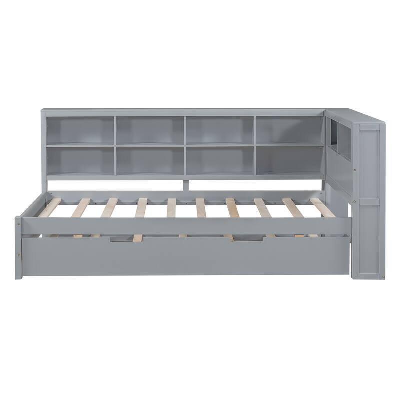 Wooden Twin/Full Daybed with Pull-Out Trundle, Storage Shelf, and USB Charging Station for Modern Bedroom