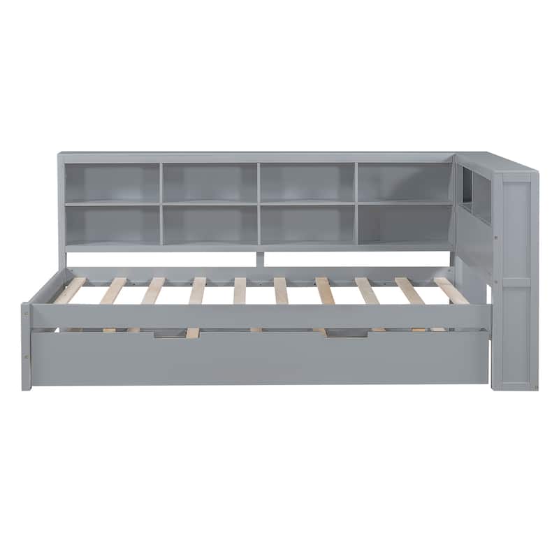 Wooden Twin Size DayBed with Twin Size Trundle, DayBed with Storage Shelf and USB Charging Ports,Grey - N/A