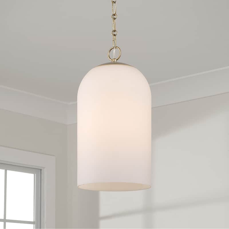 9" W x 18" H 1-Light Capsule Pendant in Matte Brass with Soft White Glass and Alternating Loop Designer Chain - 9"W x 17.25"H