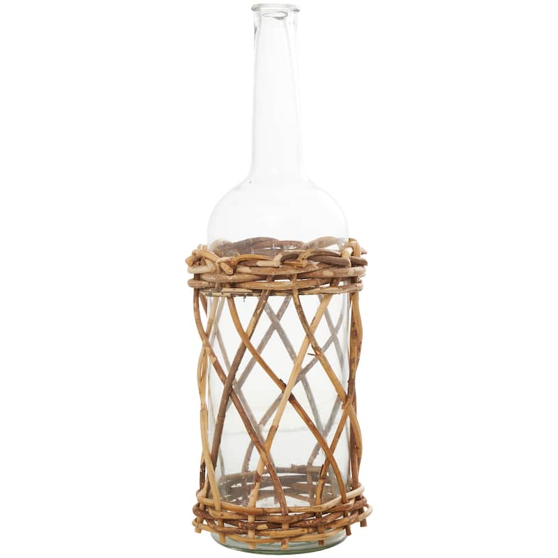 Clear Glass Handmade Tall Vase with Brown Rattan Woven Lower Body