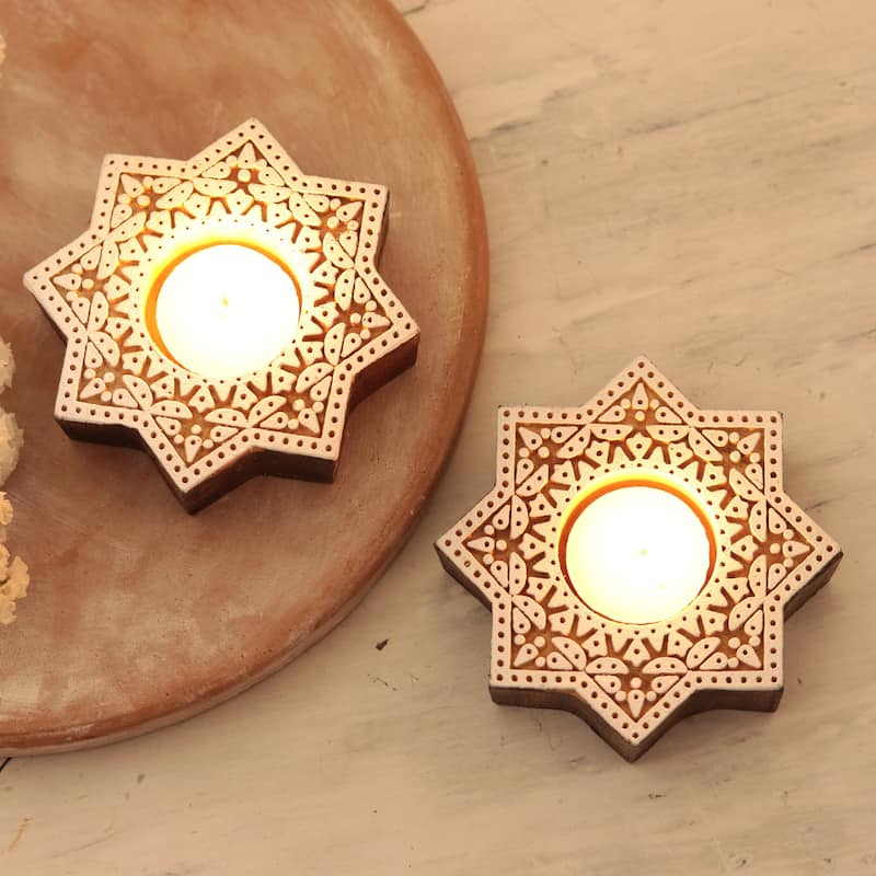 Novica Handmade Kaleidoscopic Sky Wood Tealight Candle Holders (Pair)