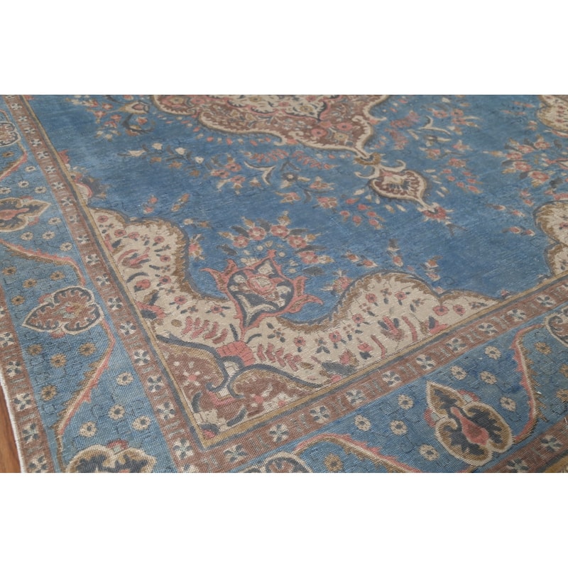 Blue Floral Tabriz Persian Antique Area Rug Hand-Knotted Wool Carpet - 9'6"x 12'10"