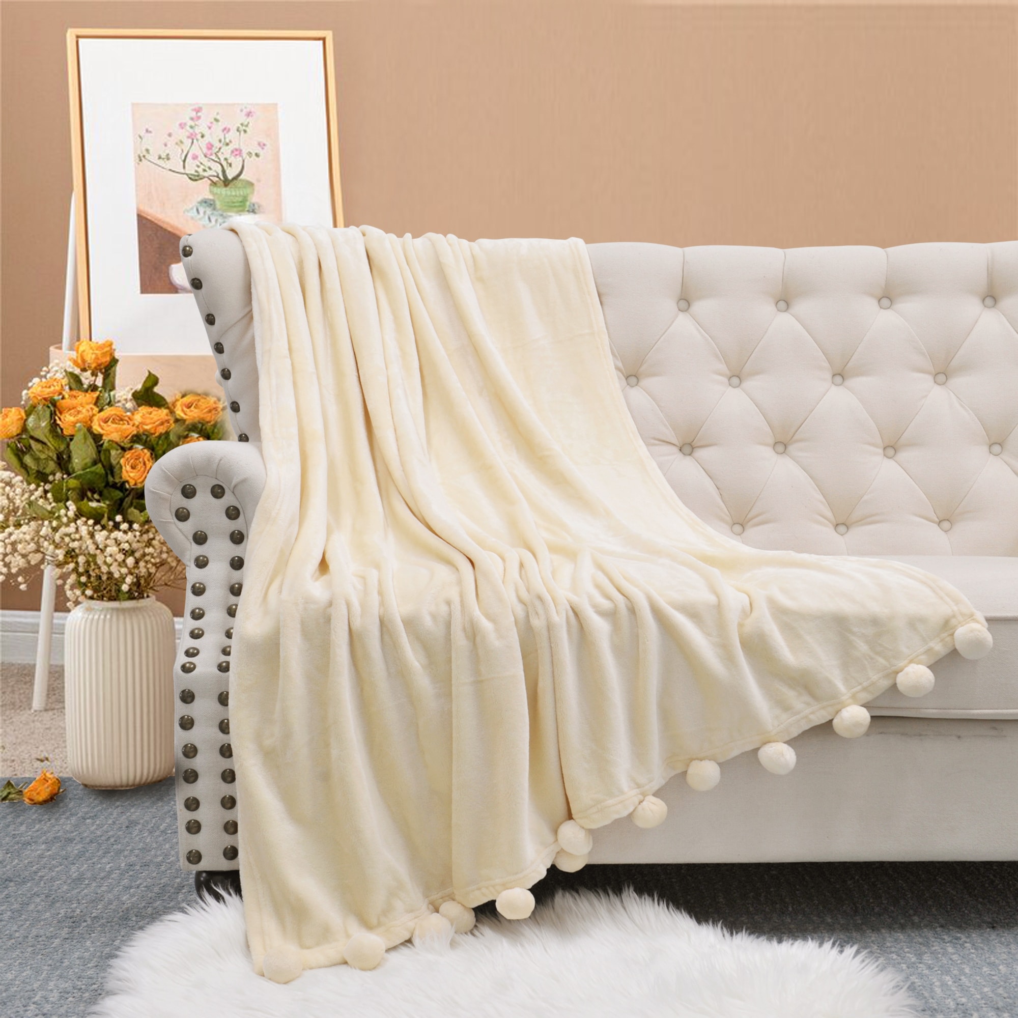 BOON Throw Blanket Flannel Fleece Pom Pom Blanket