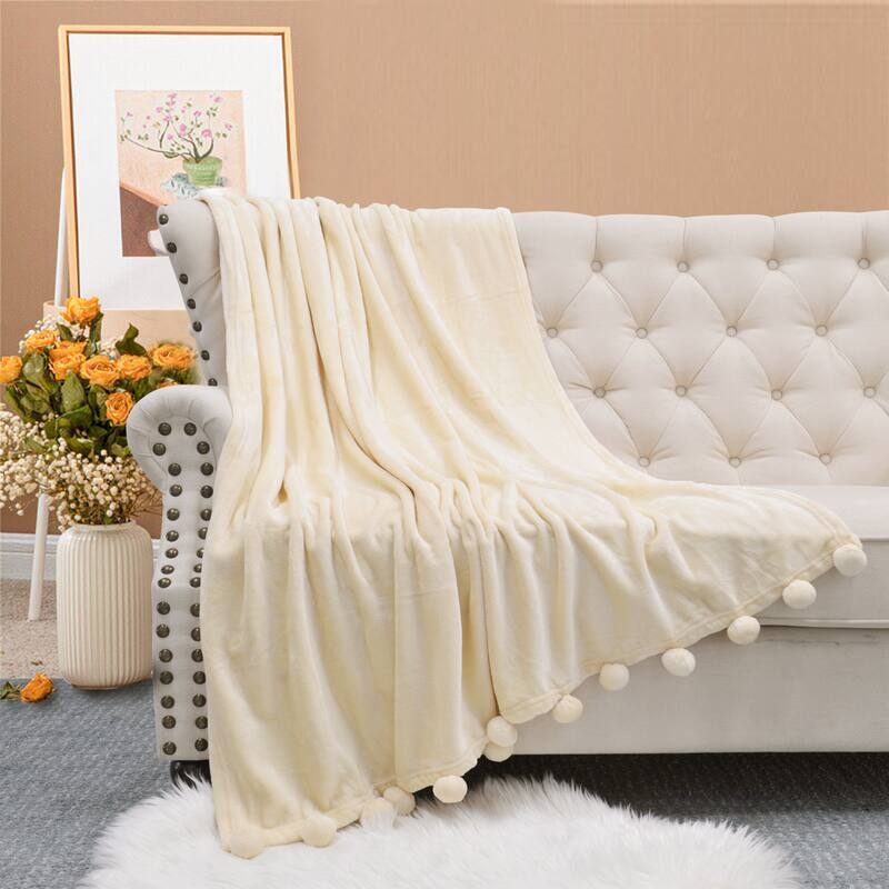 Pompom Flannel Fleece Throw - 50" x 60'' - Antique White