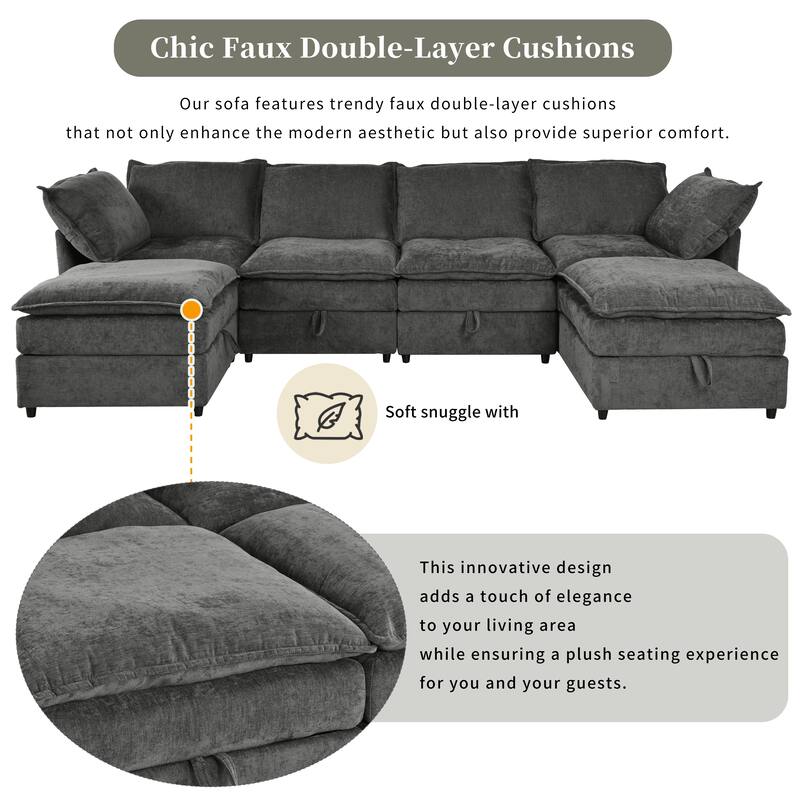 Grey 126" U-Shaped 6 Seater Modular Sofa with Ample Storage, Double Cushions and Customizable Arrangement