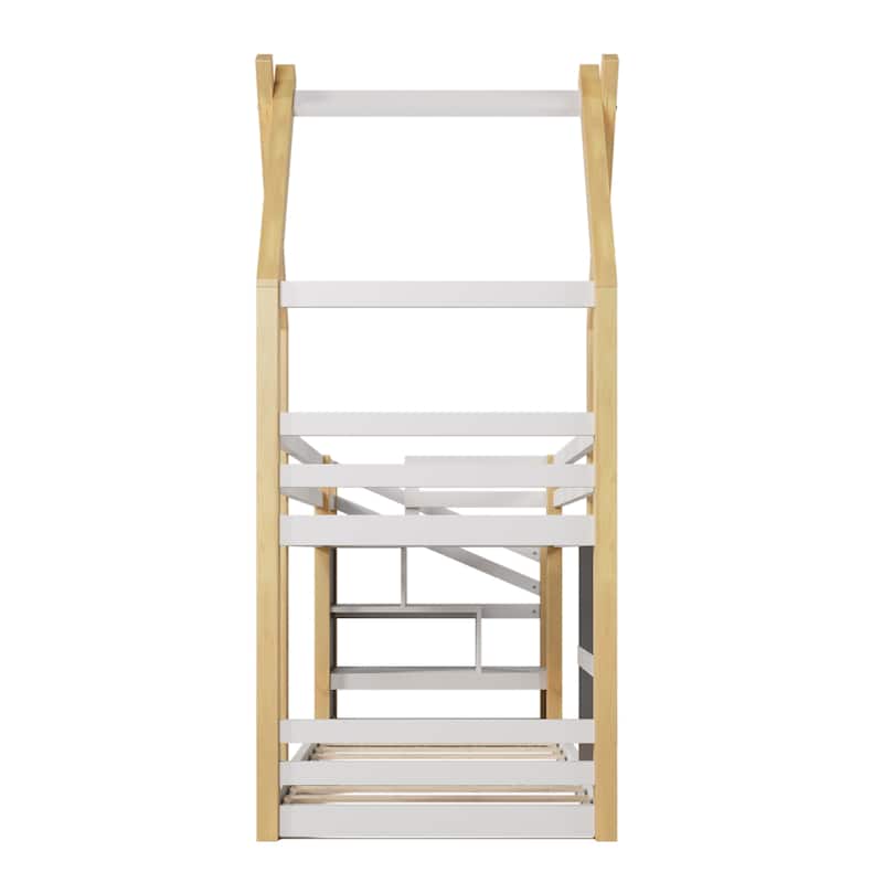 Twin Over Twin House Bunk Bed with Storage Staircase, Two Blackboards, and Pinewood Frame for Kids' Rooms