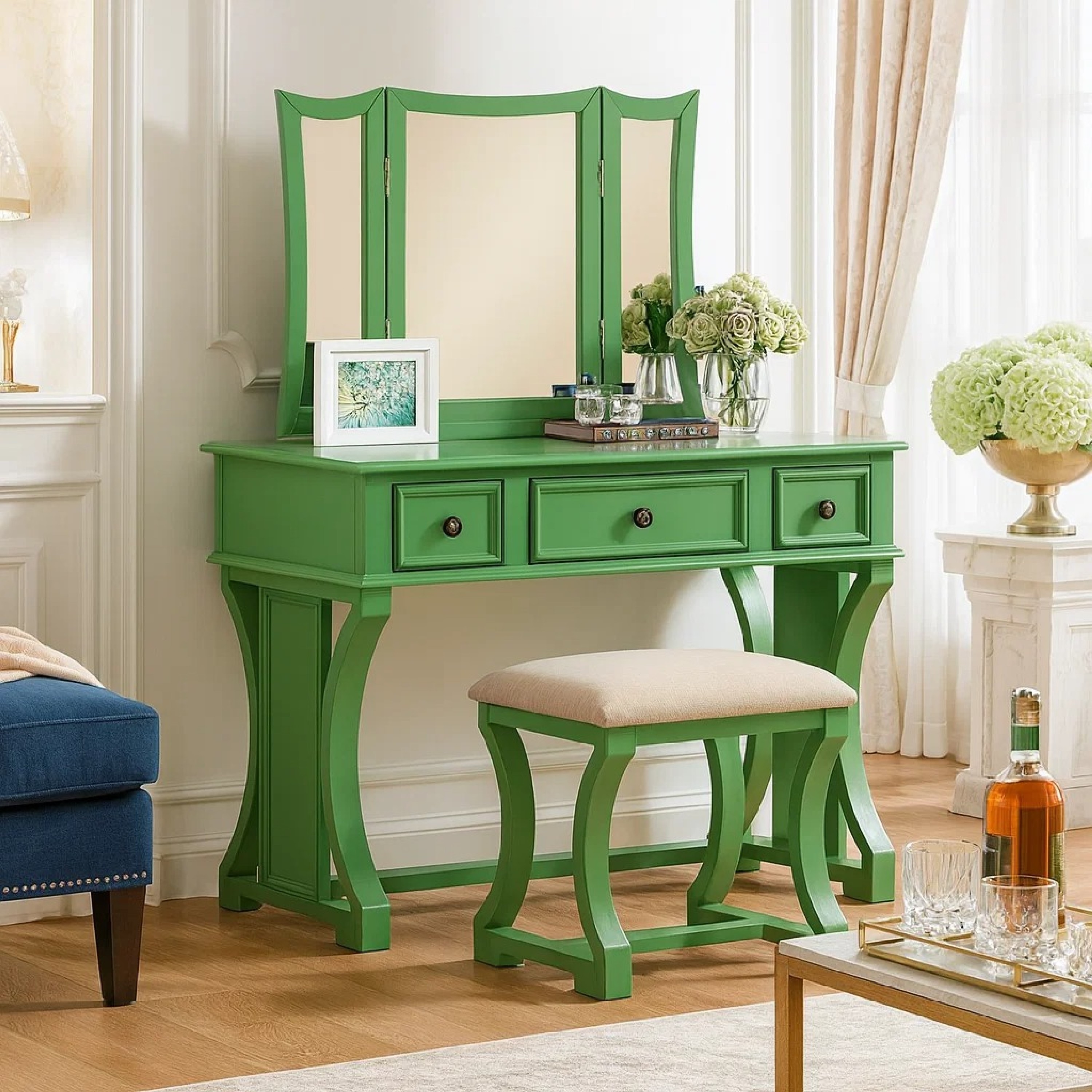 Modish Vanity Set Featuring Stool And Mirror