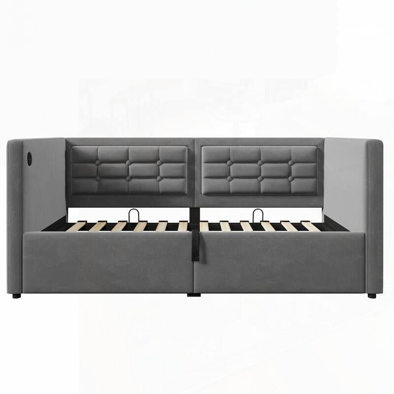 Hydraulic Storage Twin Bed Frame with Wooden Slats and Tufted Sofa Back